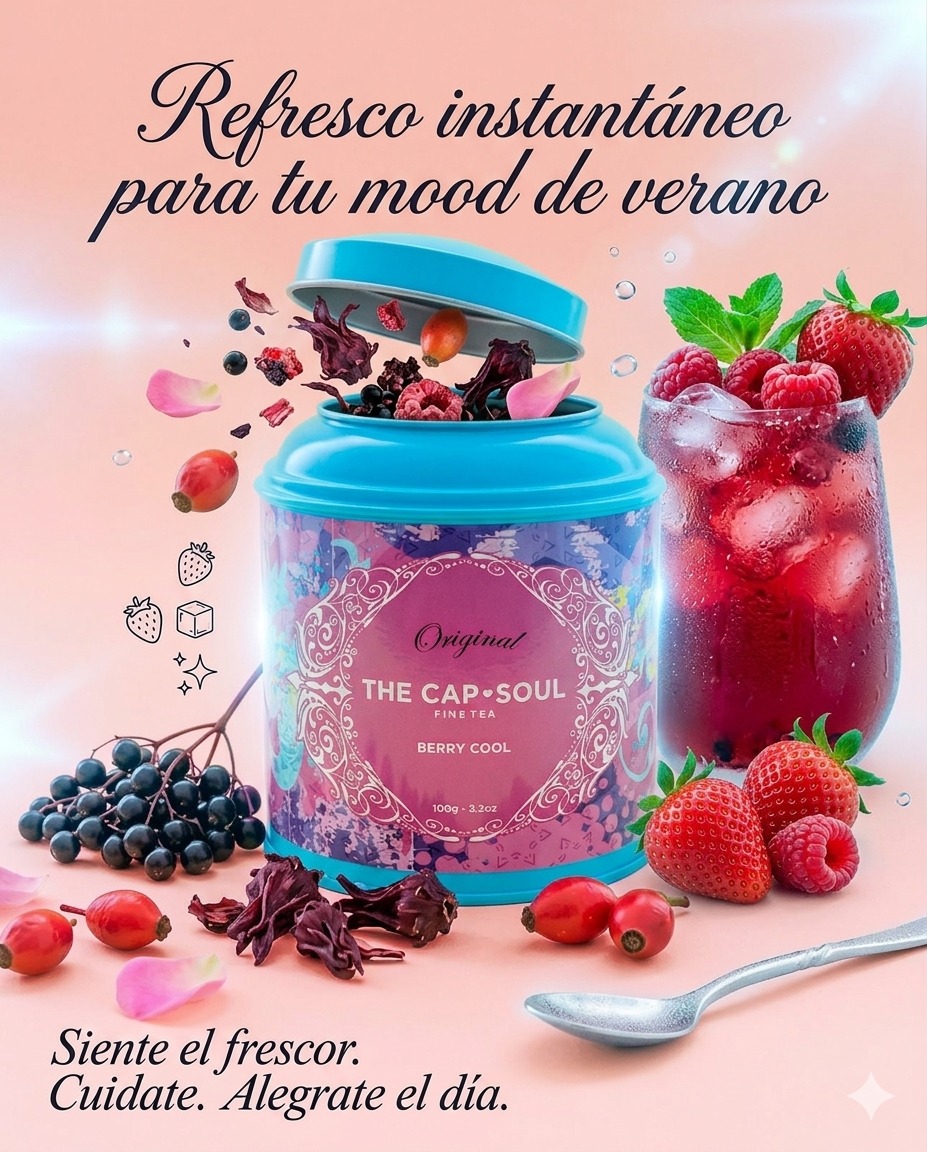 🍓🧊☀️ Berry Cool: Tu primer sorbo de verano en un solo click.
Hay bebidas que simplemente quitan la sed… y luego está Berry Cool, la infusión helada que te cambia el mood al instante. ✨

En AkeitaSoul sabemos que cuando aprieta el calor, el cuerpo te pide algo ligero, fresco y lleno de sabor. Por eso, esta mezcla vibrante y afrutada de hibisco, escaramujo, bayas de saúco y pétalos de rosa se ha convertido en nuestro imprescindible del verano. 🌸🌿

Es el equilibrio perfecto: un sabor intenso, con ese punto dulce y floral que engancha desde el primer vaso, y un color espectacular. 💖

¿Y lo mejor? Que además de estar buenísimo, es rico en vitaminas y antioxidantes. ¡Refrescarte nunca ha sido una forma tan deliciosa de cuidarte! 🤍

👉 No esperes más para disfrutar de esos días de calorcito. ¡Prepara bien fría tu infusión Berry Cool y alegra tu día! Encuéntrala en nuestra web. 
"Link en Bio" 🛒✨

#AkeitaSoul #TheCapSoul #BerryCool #TeHelado #InfusionFria #MomentoRefrescante #SummerMood #IcedTea #CuidateConAkeita #AntioxidantesNaturales #BebidaVitamínica #FrescuraTotal